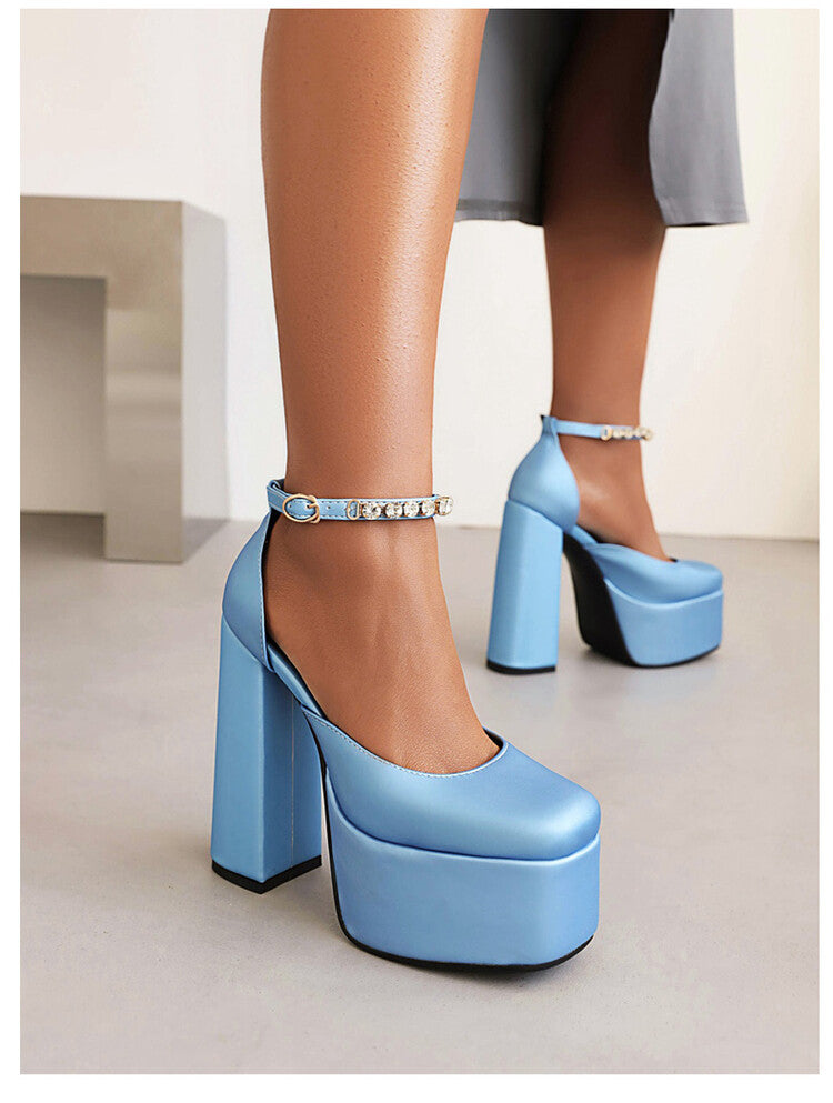 Ladies Solid Color Round Toe Chunky Heel Ankle Strap Rhinestone High Heels Platform Sandals