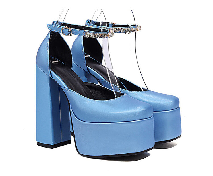 Ladies Solid Color Round Toe Chunky Heel Ankle Strap Rhinestone High Heels Platform Sandals