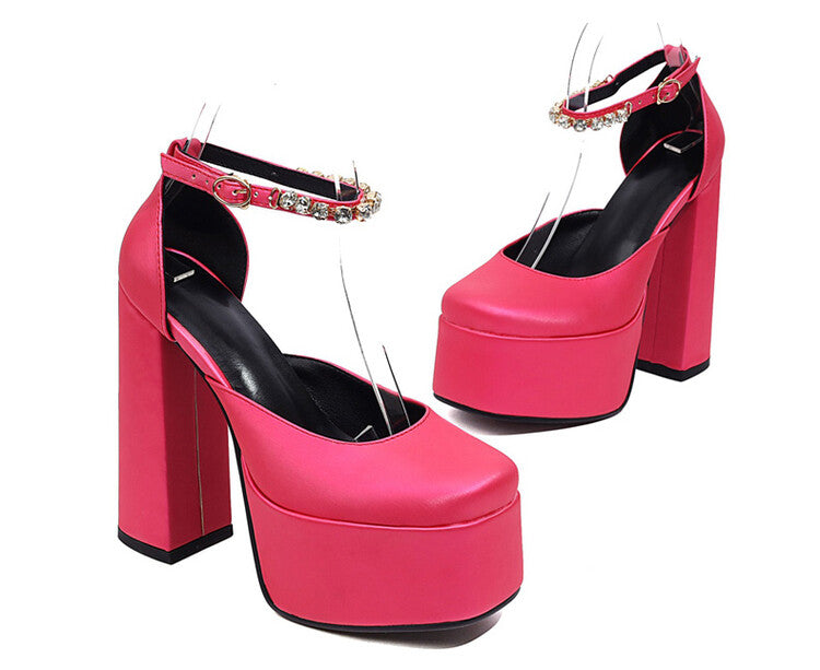 Ladies Solid Color Round Toe Chunky Heel Ankle Strap Rhinestone High Heels Platform Sandals