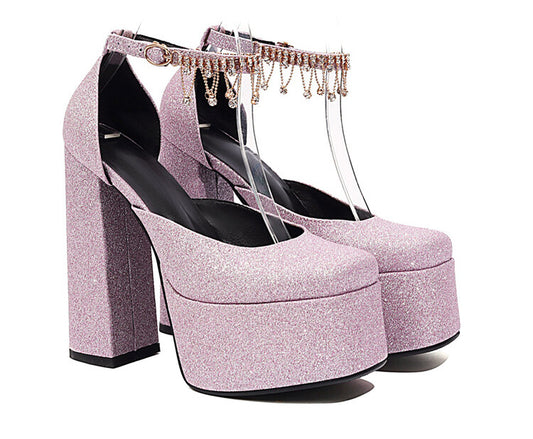 Ladies Bling Bling Glossy Round Toe Ankle Strap Chains Chunky Heel High Heels Platform Sandals