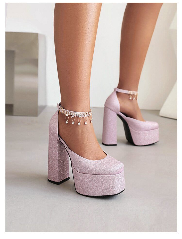 Ladies Bling Bling Glossy Round Toe Ankle Strap Chains Chunky Heel High Heels Platform Sandals