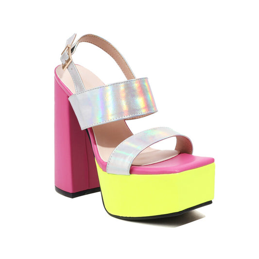 Ladies Glossy Chunky Heel Square Toe Ankle Strap High Heels Platform Sandals