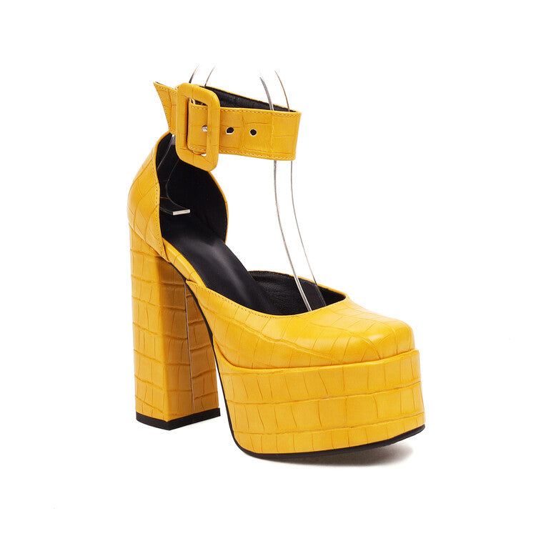 Ladies Glossy Glossy Solid Color Round Toe Hollow Out Chunky Heel High Heels Platform Sandals
