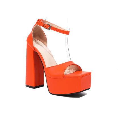 Ladies Solid Color Square Toe Chunky Heel High Heels Platform Sandals