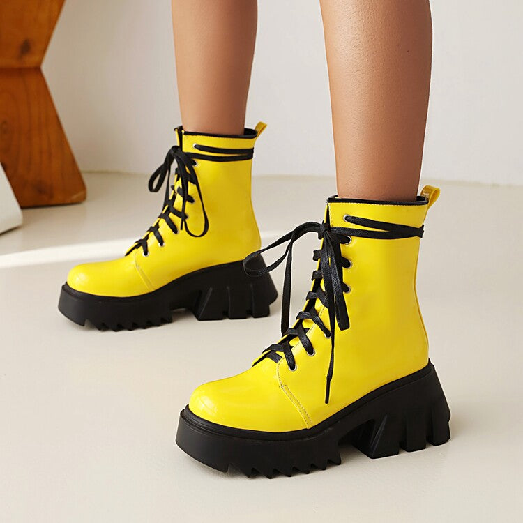 Candy Color Pu Leather Round Toe Lace Up Wedge Heel Platform Ankle Boots for Women