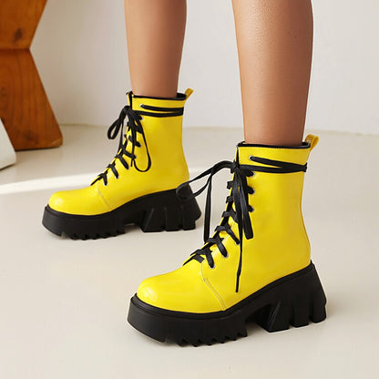 Candy Color Pu Leather Round Toe Lace Up Wedge Heel Platform Ankle Boots for Women