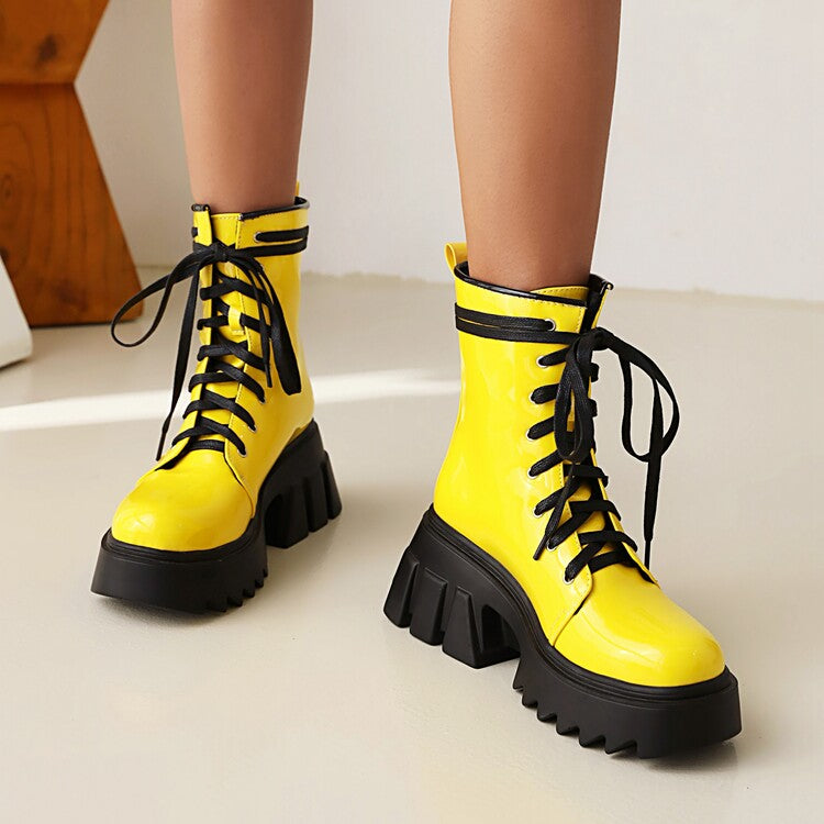 Candy Color Pu Leather Round Toe Lace Up Wedge Heel Platform Ankle Boots for Women