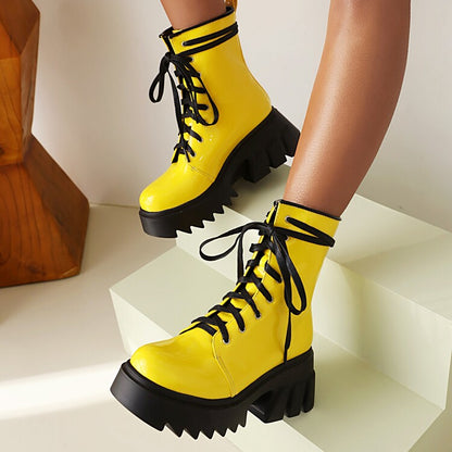 Candy Color Pu Leather Round Toe Lace Up Wedge Heel Platform Ankle Boots for Women