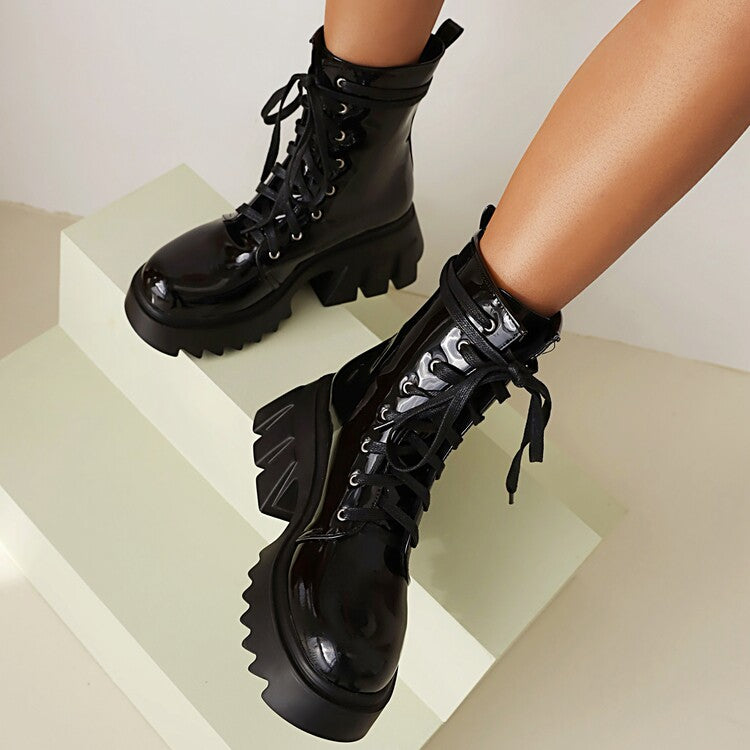 Candy Color Pu Leather Round Toe Lace Up Wedge Heel Platform Ankle Boots for Women