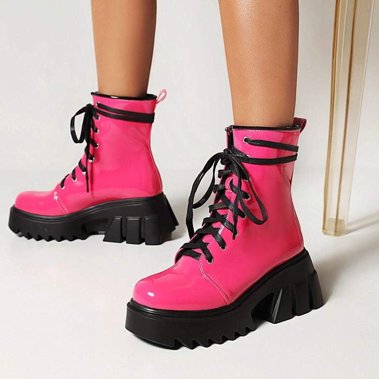 Candy Color Pu Leather Round Toe Lace Up Wedge Heel Platform Ankle Boots for Women