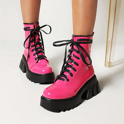 Candy Color Pu Leather Round Toe Lace Up Wedge Heel Platform Ankle Boots for Women