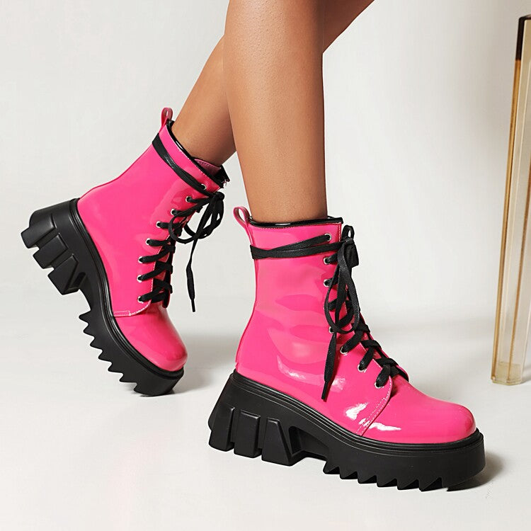 Candy Color Pu Leather Round Toe Lace Up Wedge Heel Platform Ankle Boots for Women