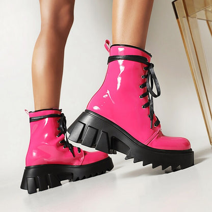 Candy Color Pu Leather Round Toe Lace Up Wedge Heel Platform Ankle Boots for Women