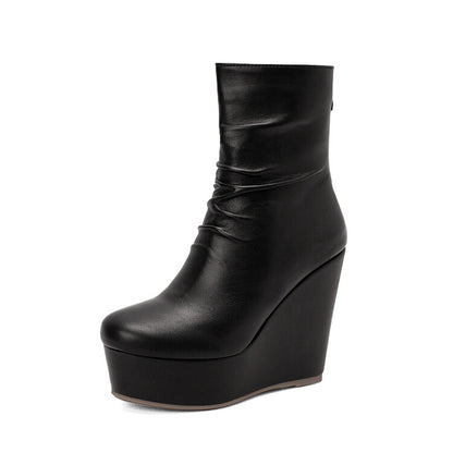 Ladies Pu Leather Pleated Wedge Heel Platform Short Boots