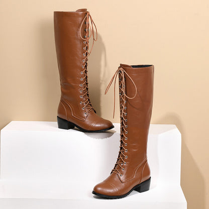 Ladies Lace Up Puppy Heel Knee High Boots