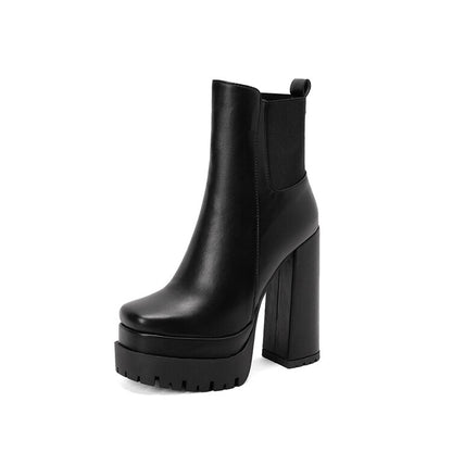 Ladies Pu Leather Square Toe Side Zippers Block Heel Platform Short Boots