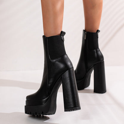 Ladies Pu Leather Square Toe Side Zippers Block Heel Platform Short Boots