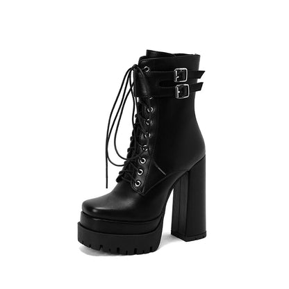 Ladies Square Toe Lace Up Belts Buckles Block Heel Platform Short Boots