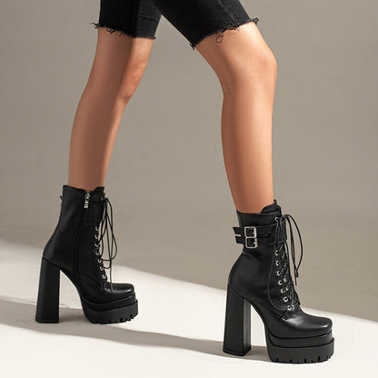 Ladies Square Toe Lace Up Belts Buckles Block Heel Platform Short Boots