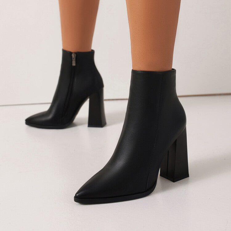 Ladies Pu Leather Pointed Toe Stitching Side Zippers Block Heel Short Boots