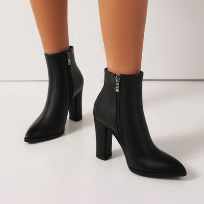 Ladies Pu Leather Pointed Toe Side Zippers Chunky Heel Short Boots