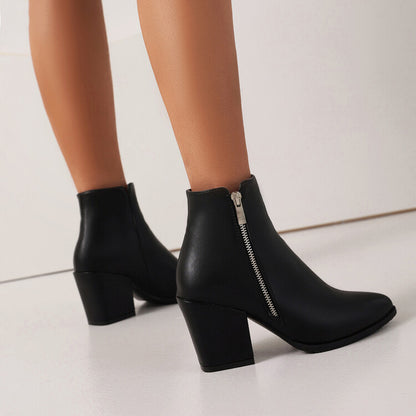 Ladies Pu Leather Pointed Toe Side Zippers Block Heel Short Boots