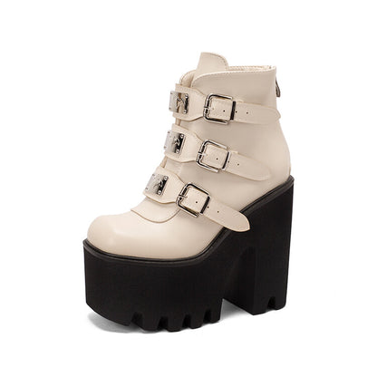 Pu Leather Square Toe Metal Buckle Straps Block Chunky Heel Platform Ankle Boots for Women