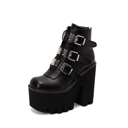 Pu Leather Square Toe Metal Buckle Straps Block Chunky Heel Platform Ankle Boots for Women