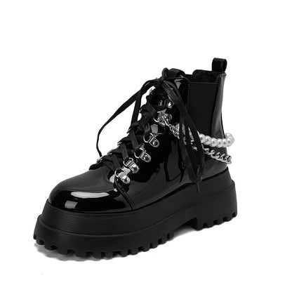 Pu Leather Round Toe Pearls Metal Chains Lace Up Flat Platform Ankle Boots for Women