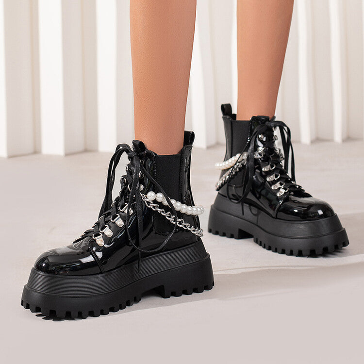 Pu Leather Round Toe Pearls Metal Chains Lace Up Flat Platform Ankle Boots for Women