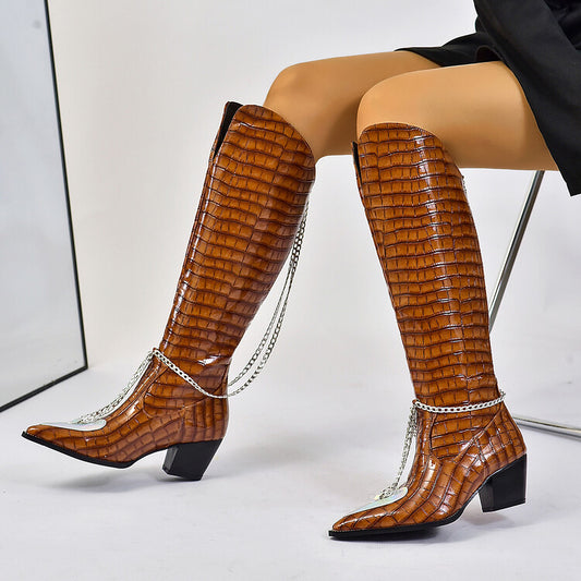 Crocodile Pattern Pointed Toe Metal Chains Knee High Boots for Women