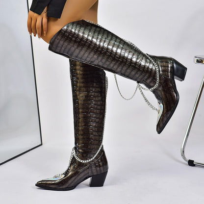 Crocodile Pattern Pointed Toe Metal Chains Knee High Boots for Women