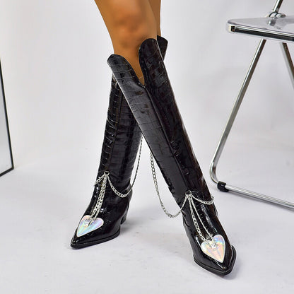 Crocodile Pattern Pointed Toe Metal Chains Knee High Boots for Women