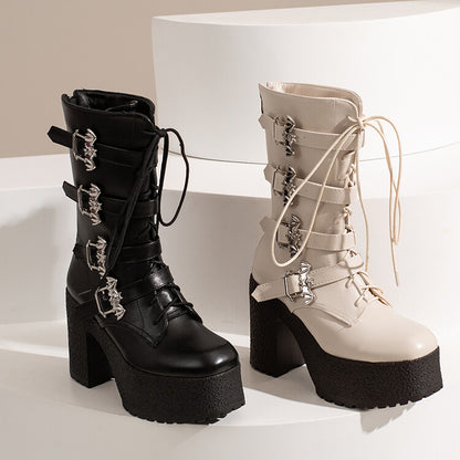 Pu Leather Round Toe Lace Up Buckle Straps Block Chunky Heel Platform Mid-calf Boots for Women