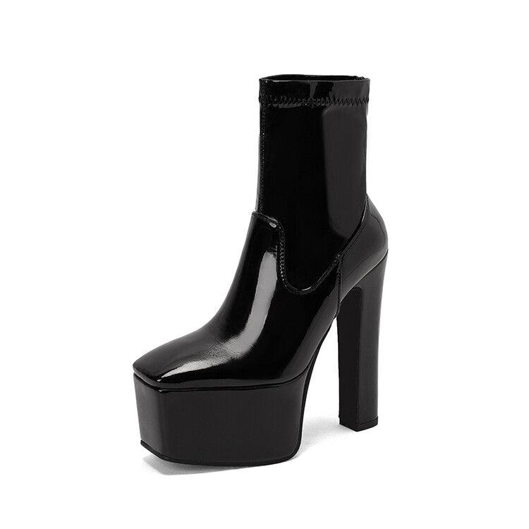 Ladies Glossy Square Toe Stitching Chunky Heel Platform Short Boots