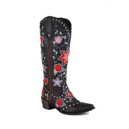 Ladies Ethnic Love Hearts  Printed Low Heels Cowboy Mid Calf Boots