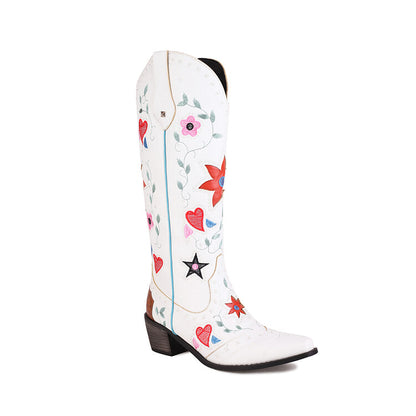 Ladies Ethnic Love Hearts  Printed Low Heels Cowboy Mid Calf Boots