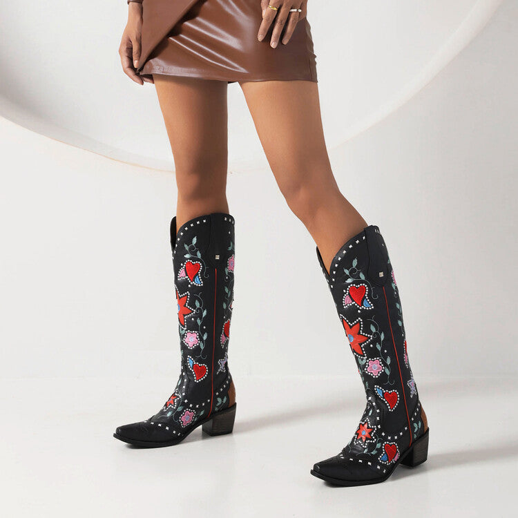 Ladies Ethnic Love Hearts  Printed Low Heels Cowboy Mid Calf Boots