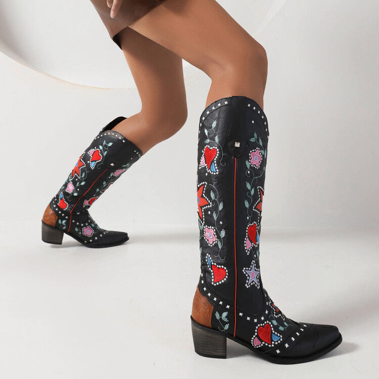 Ladies Ethnic Love Hearts  Printed Low Heels Cowboy Mid Calf Boots