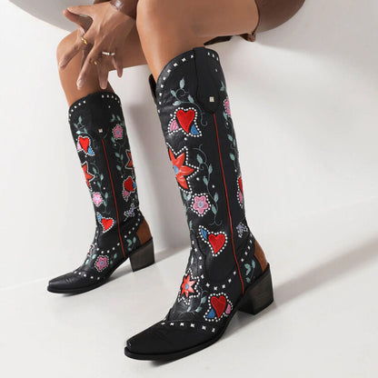 Ladies Ethnic Love Hearts  Printed Low Heels Cowboy Mid Calf Boots