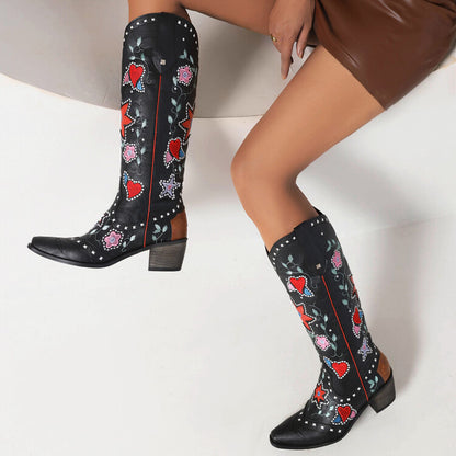 Ladies Ethnic Love Hearts  Printed Low Heels Cowboy Mid Calf Boots