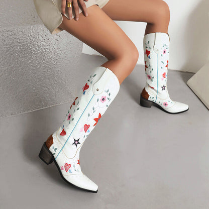 Ladies Ethnic Love Hearts  Printed Low Heels Cowboy Mid Calf Boots