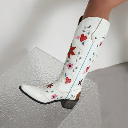 Ladies Ethnic Love Hearts  Printed Low Heels Cowboy Mid Calf Boots