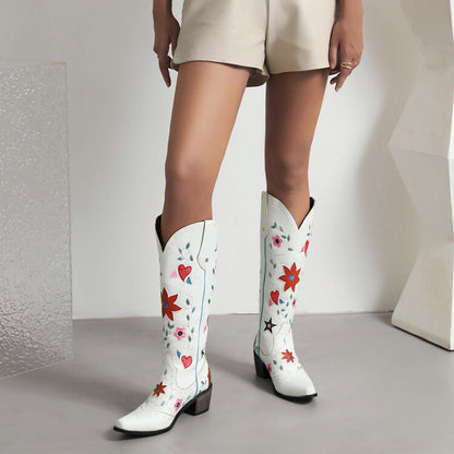 Ladies Ethnic Love Hearts  Printed Low Heels Cowboy Mid Calf Boots