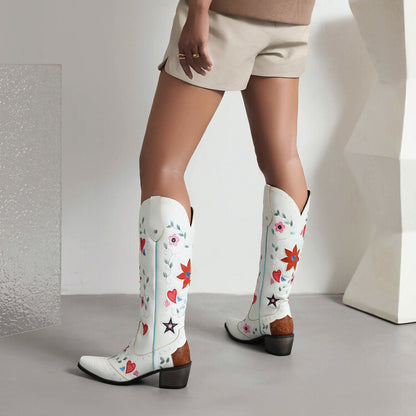 Ladies Ethnic Love Hearts  Printed Low Heels Cowboy Mid Calf Boots