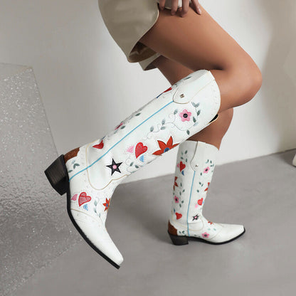 Ladies Ethnic Love Hearts  Printed Low Heels Cowboy Mid Calf Boots