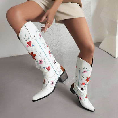 Ladies Ethnic Love Hearts  Printed Low Heels Cowboy Mid Calf Boots