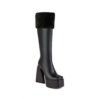 Ladies Square Toe Triangle Heel Platform Knee High Boots