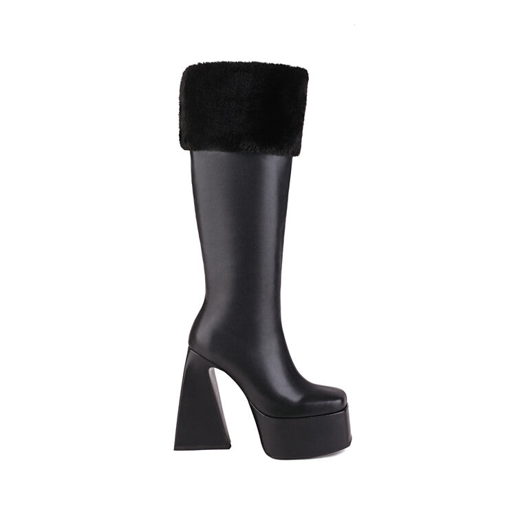 Ladies Square Toe Triangle Heel Platform Knee High Boots