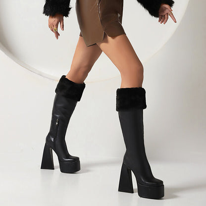 Ladies Square Toe Triangle Heel Platform Knee High Boots